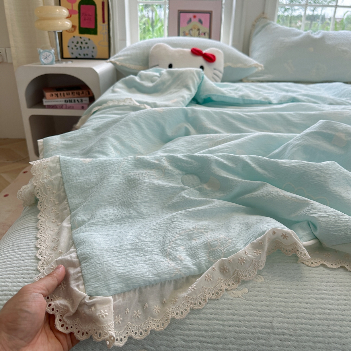 91家纺网 家纺一手货源 找家纺 盼季家纺 2026新款A类木棉皱皱纱床盖夏被四件套场景二-奶盖KT 奶盖KT-奶蓝