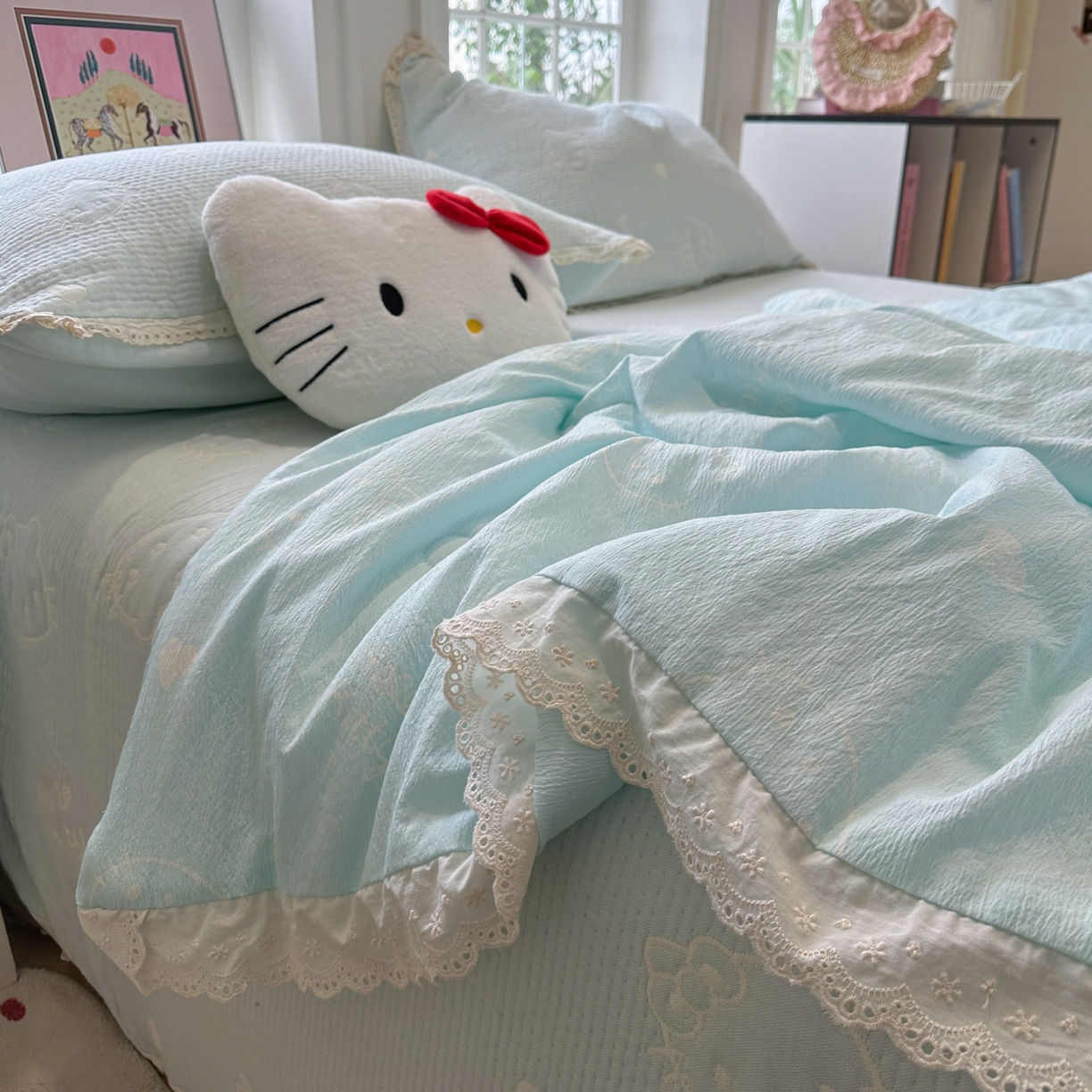 91家纺网 家纺一手货源 找家纺 盼季家纺 2026新款A类木棉皱皱纱床盖夏被四件套场景二-奶盖KT 奶盖KT-奶蓝