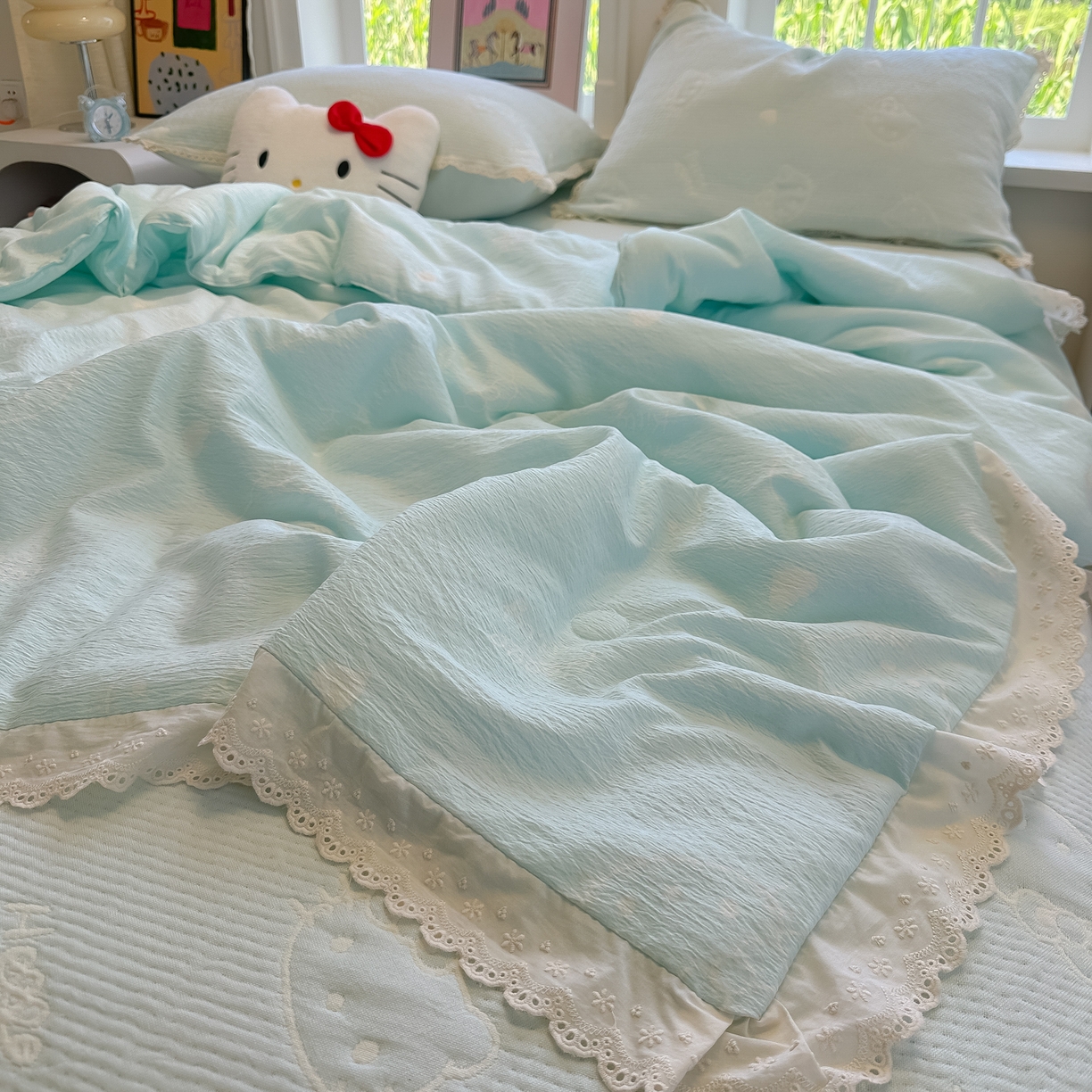 91家纺网 家纺一手货源 找家纺 盼季家纺 2026新款A类木棉皱皱纱床盖夏被四件套场景二-奶盖KT 奶盖KT-奶蓝