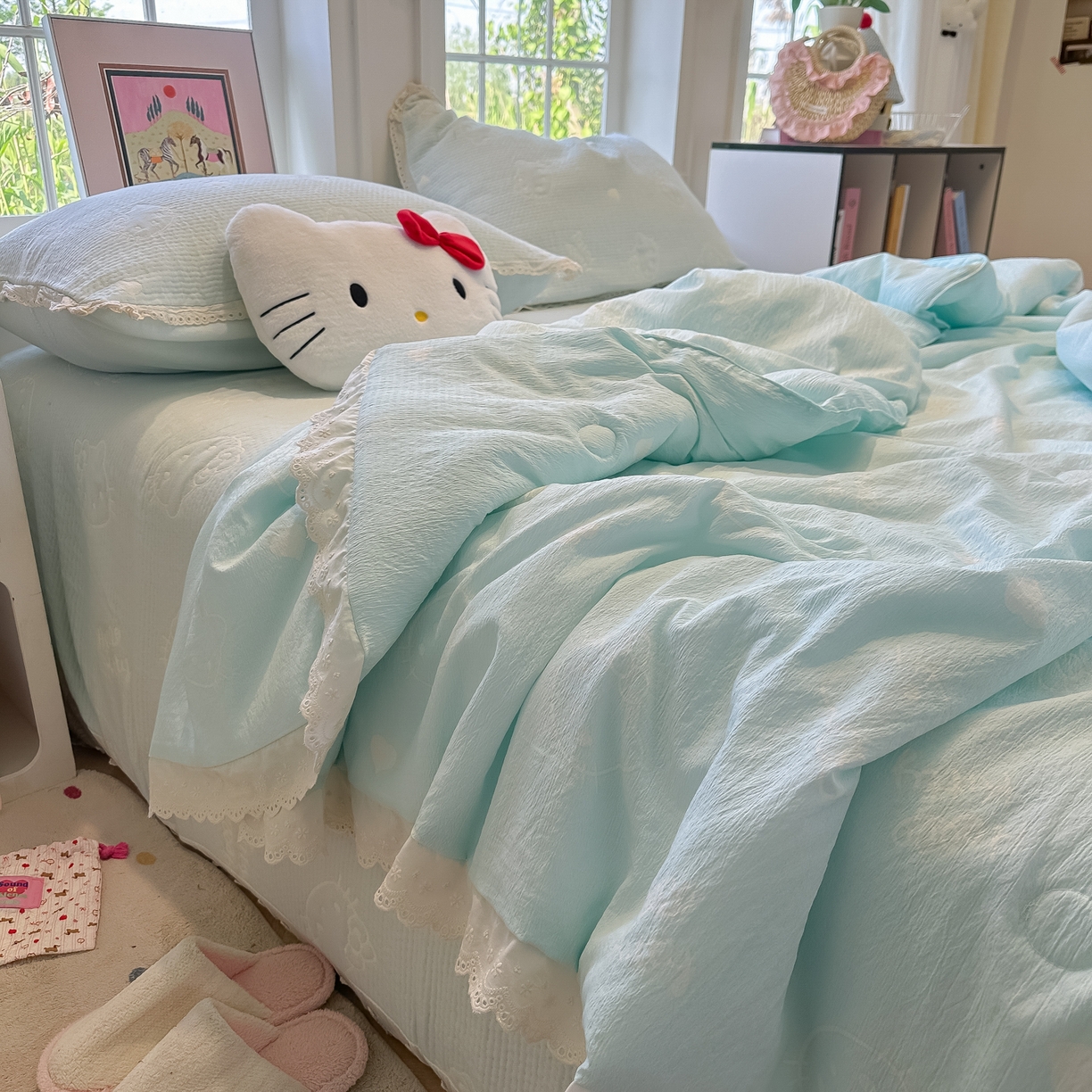 91家纺网 家纺一手货源 找家纺 盼季家纺 2026新款A类木棉皱皱纱床盖夏被四件套场景二-奶盖KT 奶盖KT-奶蓝