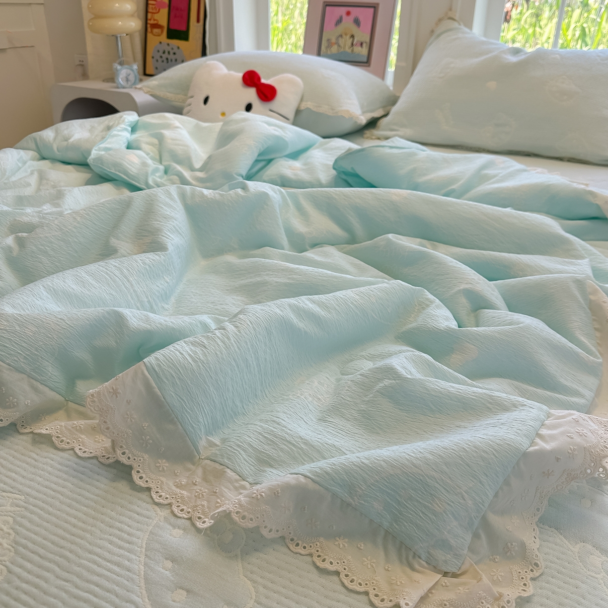 91家纺网 家纺一手货源 找家纺 盼季家纺 2026新款A类木棉皱皱纱床盖夏被四件套场景二-奶盖KT 奶盖KT-奶蓝