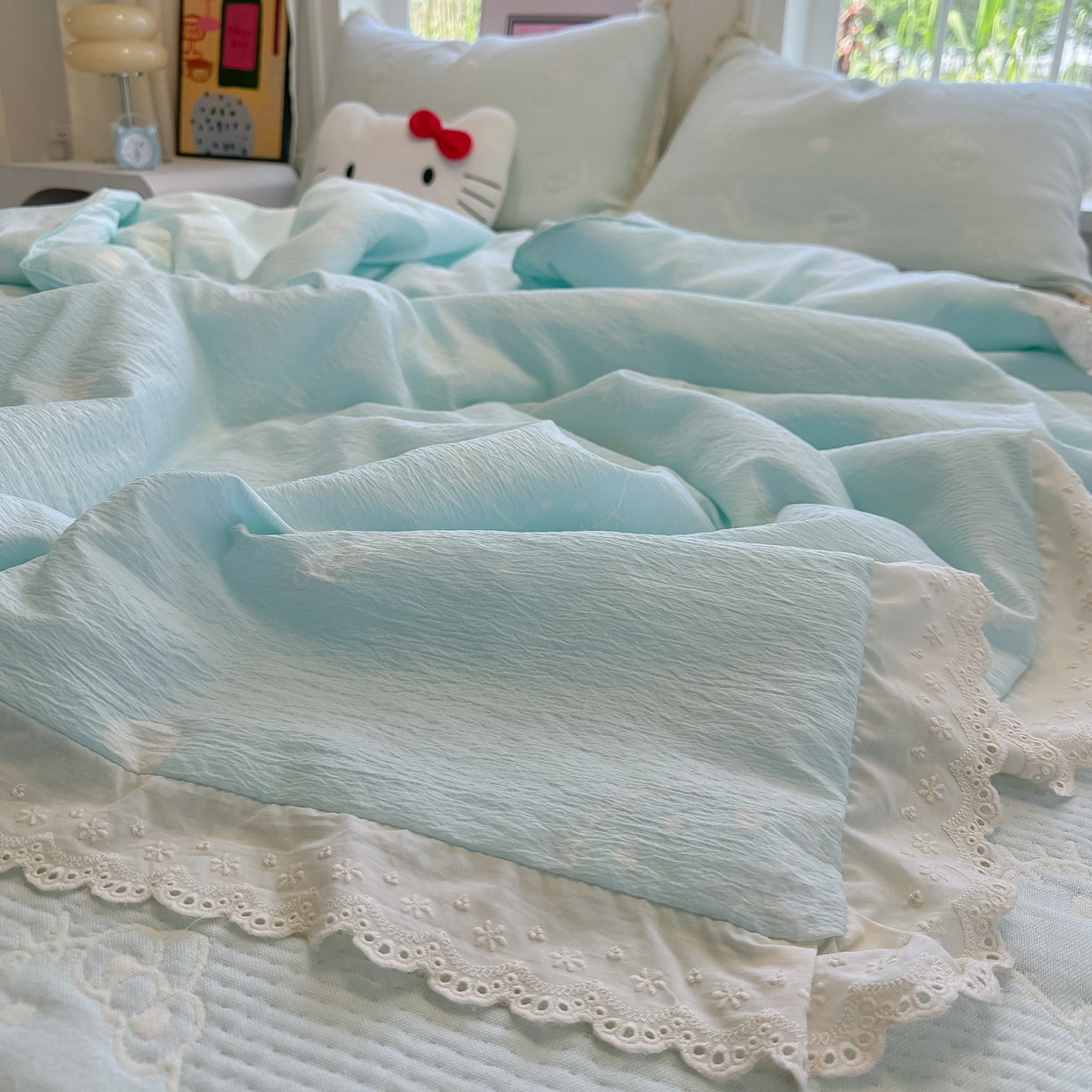 91家纺网 家纺一手货源 找家纺 盼季家纺 2026新款A类木棉皱皱纱床盖夏被四件套场景二-奶盖KT 奶盖KT-奶蓝