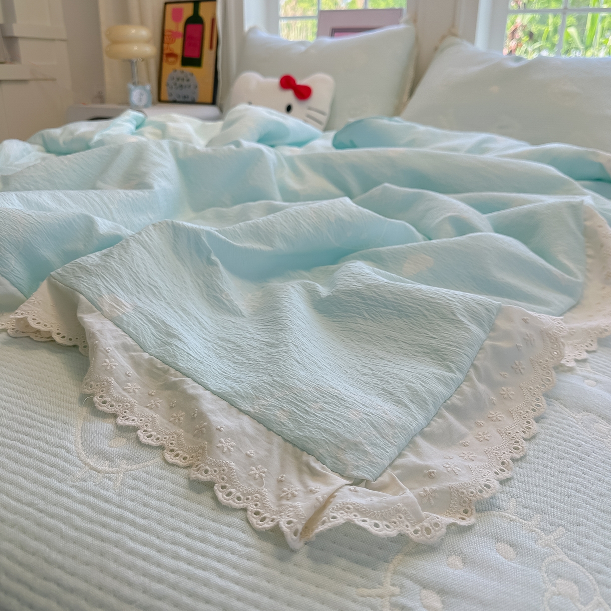 91家纺网 家纺一手货源 找家纺 盼季家纺 2026新款A类木棉皱皱纱床盖夏被四件套场景二-奶盖KT 奶盖KT-奶蓝