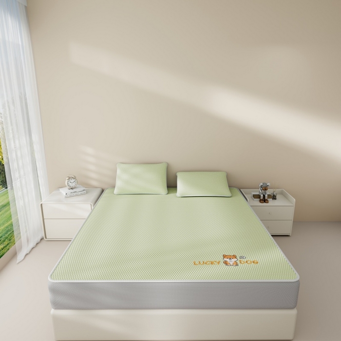 91家纺网 家纺一手货源 找家纺 南北家居 2026新款PE冰豆豆席-床笠款-床席款凉席三件套 幸运小狗-绿床笠款