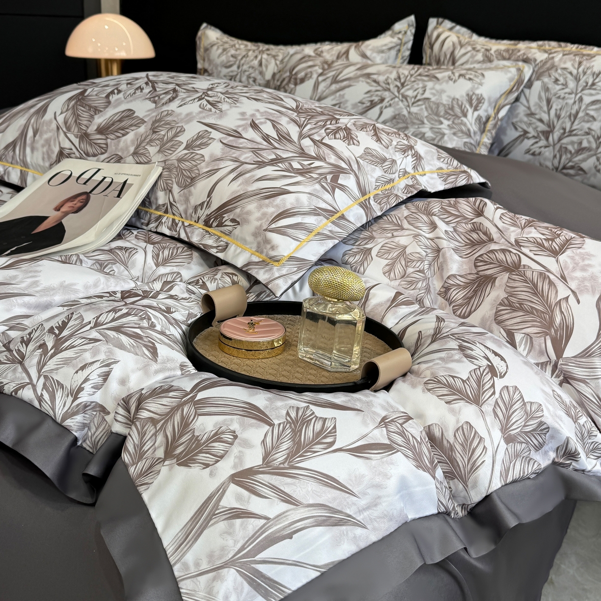 花伞家居 2026新款花水洗真丝四件套含买家秀 草木蔓发-深灰