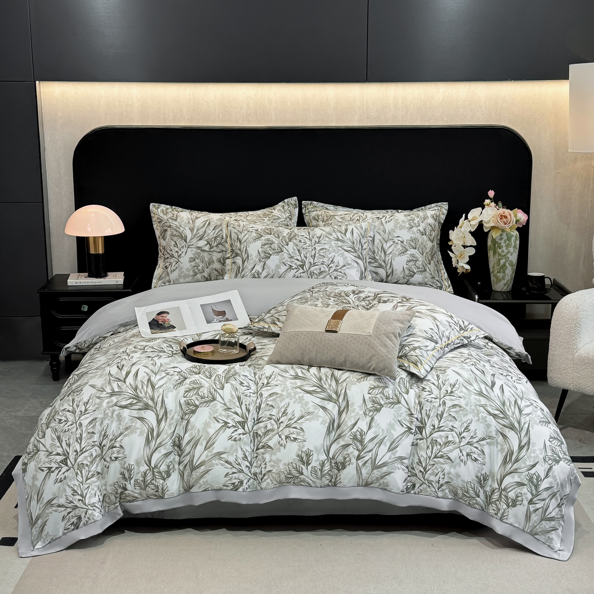 91家纺网 家纺一手货源 找家纺 花伞家居 2026新款花水洗真丝四件套含买家秀 草木蔓发-浅灰