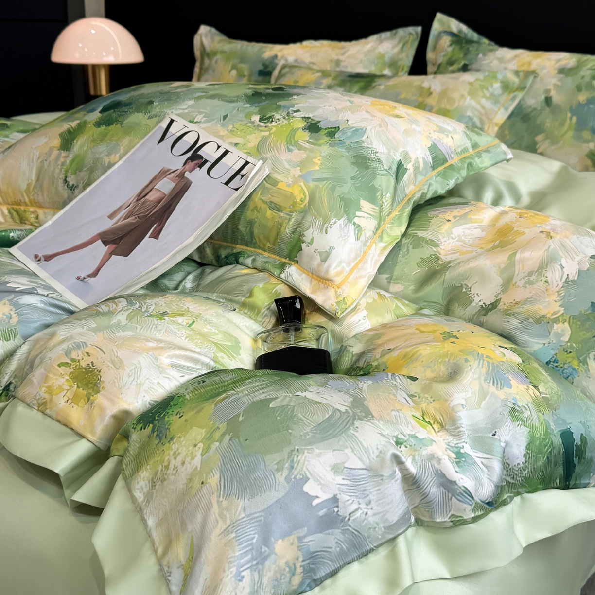 91家纺网 家纺一手货源 找家纺 花伞家居 2026新款花水洗真丝四件套含买家秀 绿色烟花