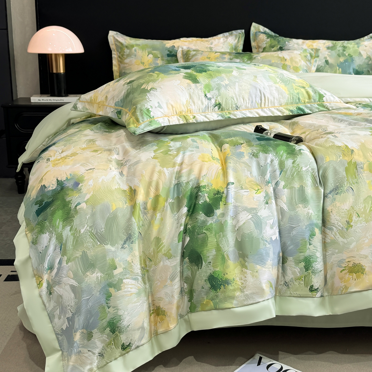 91家纺网 家纺一手货源 找家纺 花伞家居 2026新款花水洗真丝四件套含买家秀 绿色烟花