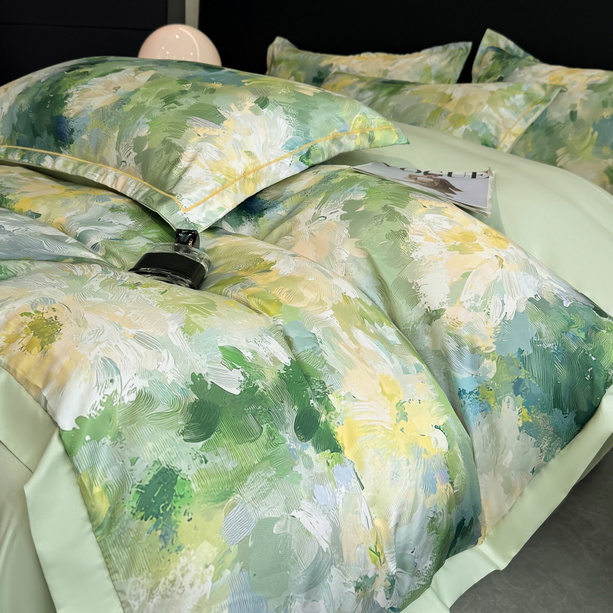 91家纺网 家纺一手货源 找家纺 花伞家居 2026新款花水洗真丝四件套含买家秀 绿色烟花