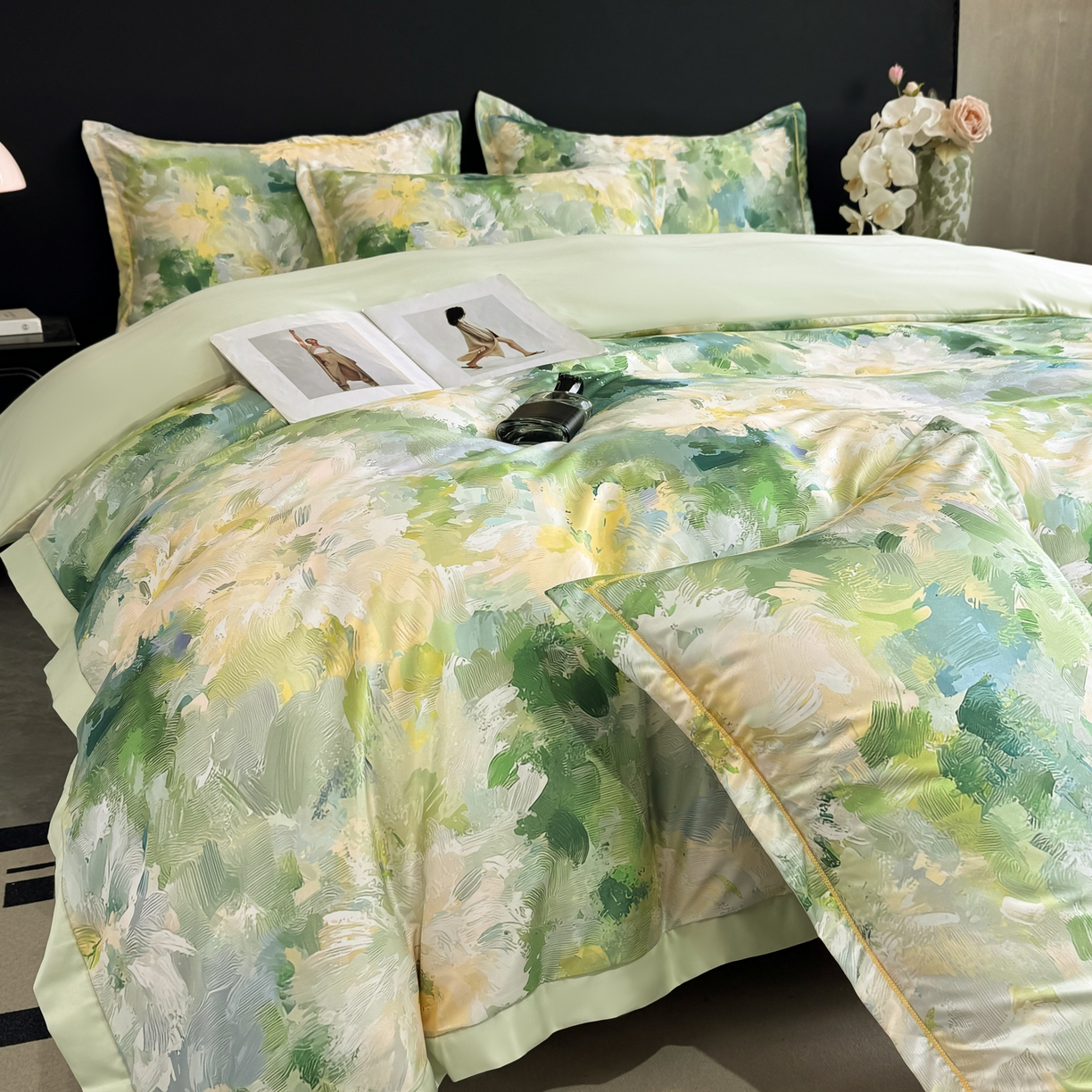 91家纺网 家纺一手货源 找家纺 花伞家居 2026新款花水洗真丝四件套含买家秀 绿色烟花