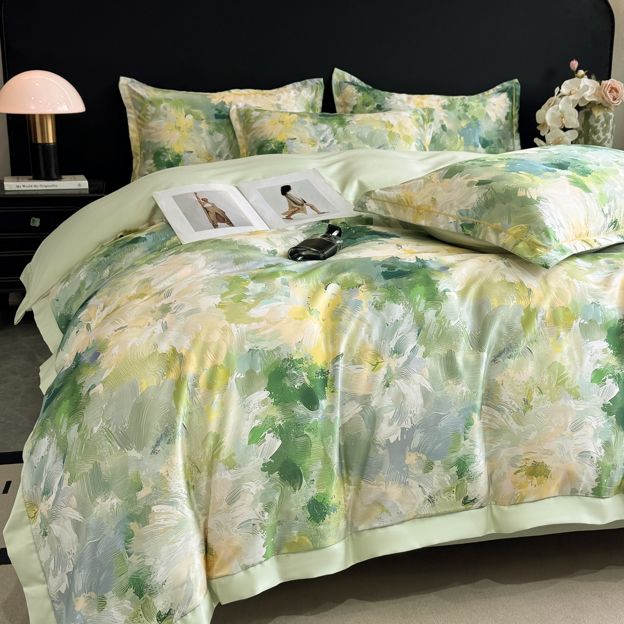 91家纺网 家纺一手货源 找家纺 花伞家居 2026新款花水洗真丝四件套含买家秀 绿色烟花