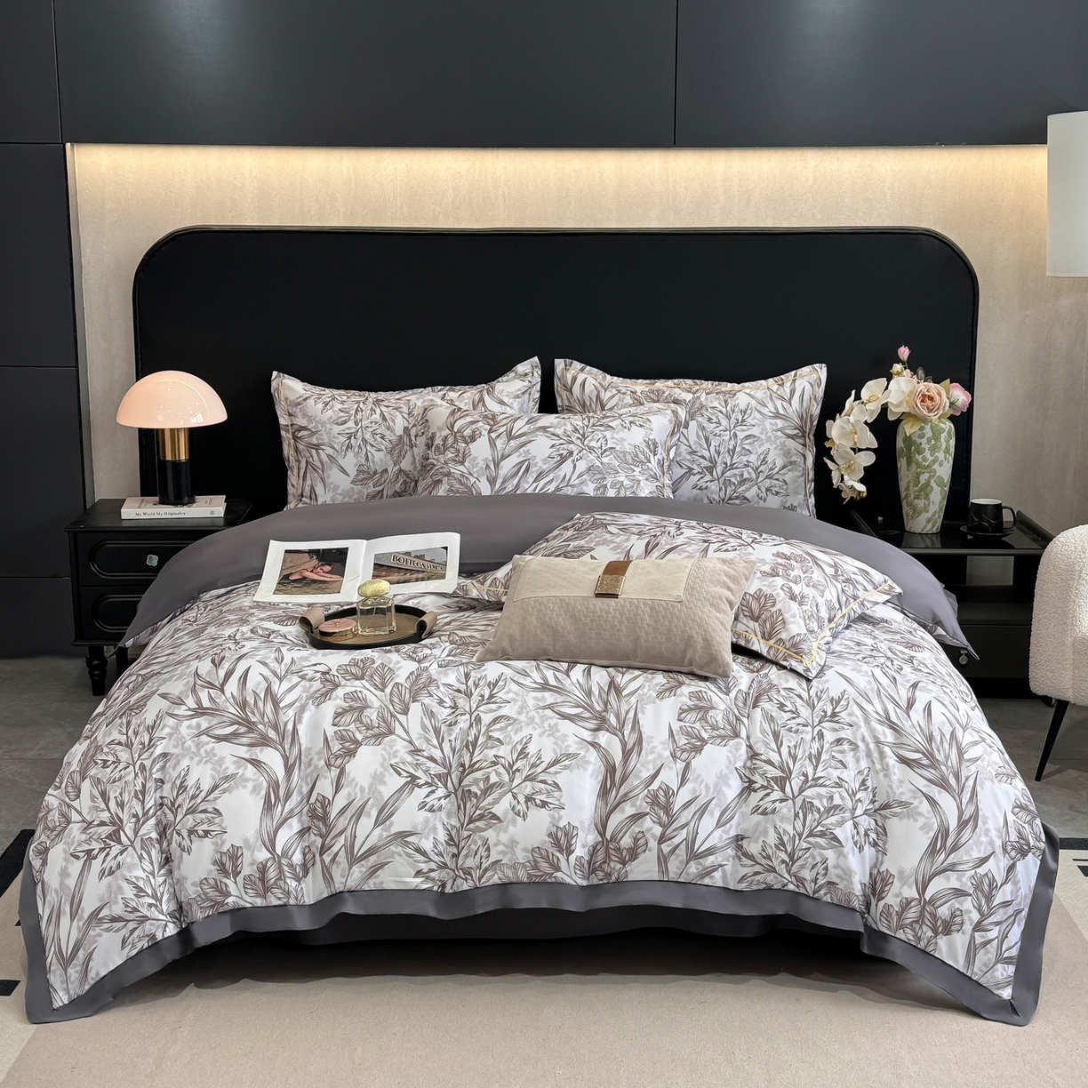 91家纺网 家纺一手货源 找家纺 花伞家居 2026新款花水洗真丝四件套含买家秀 草木蔓发-深灰