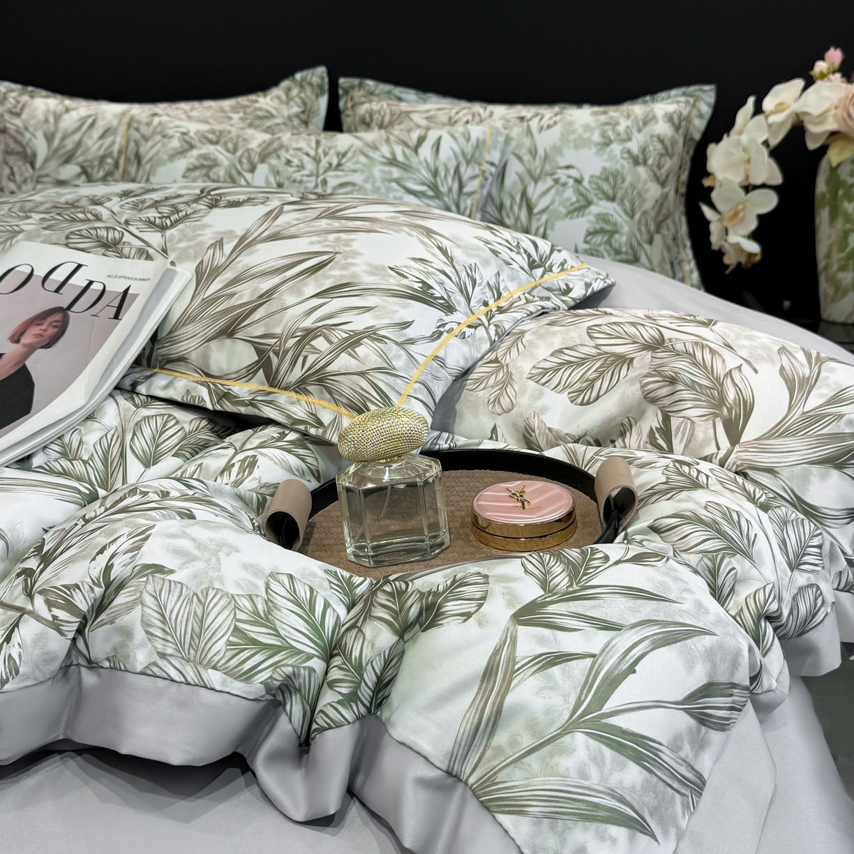 91家纺网 家纺一手货源 找家纺 花伞家居 2026新款花水洗真丝四件套含买家秀 草木蔓发-浅灰