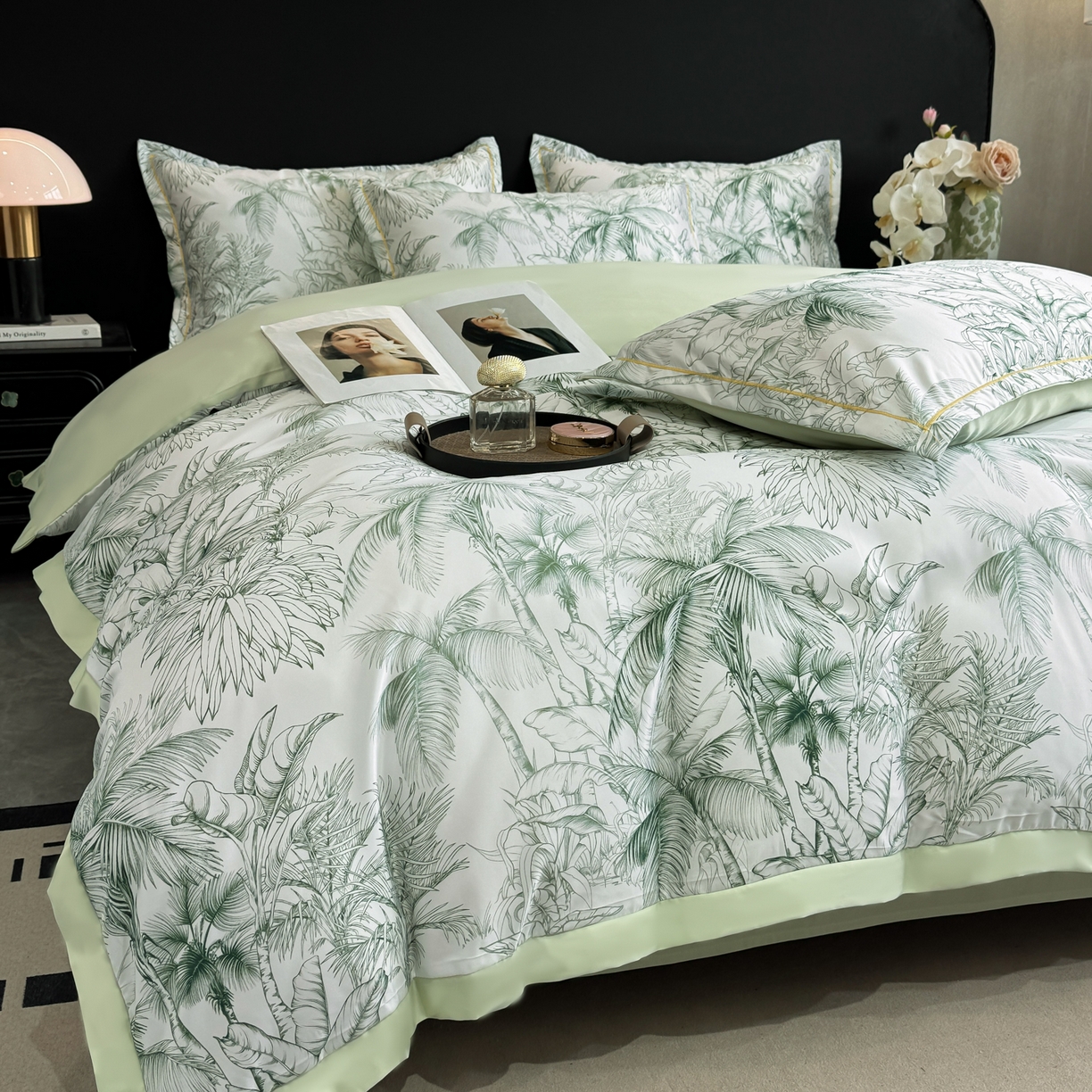 91家纺网 家纺一手货源 找家纺 花伞家居 2026新款花水洗真丝四件套含买家秀 夏叶成帷-绿