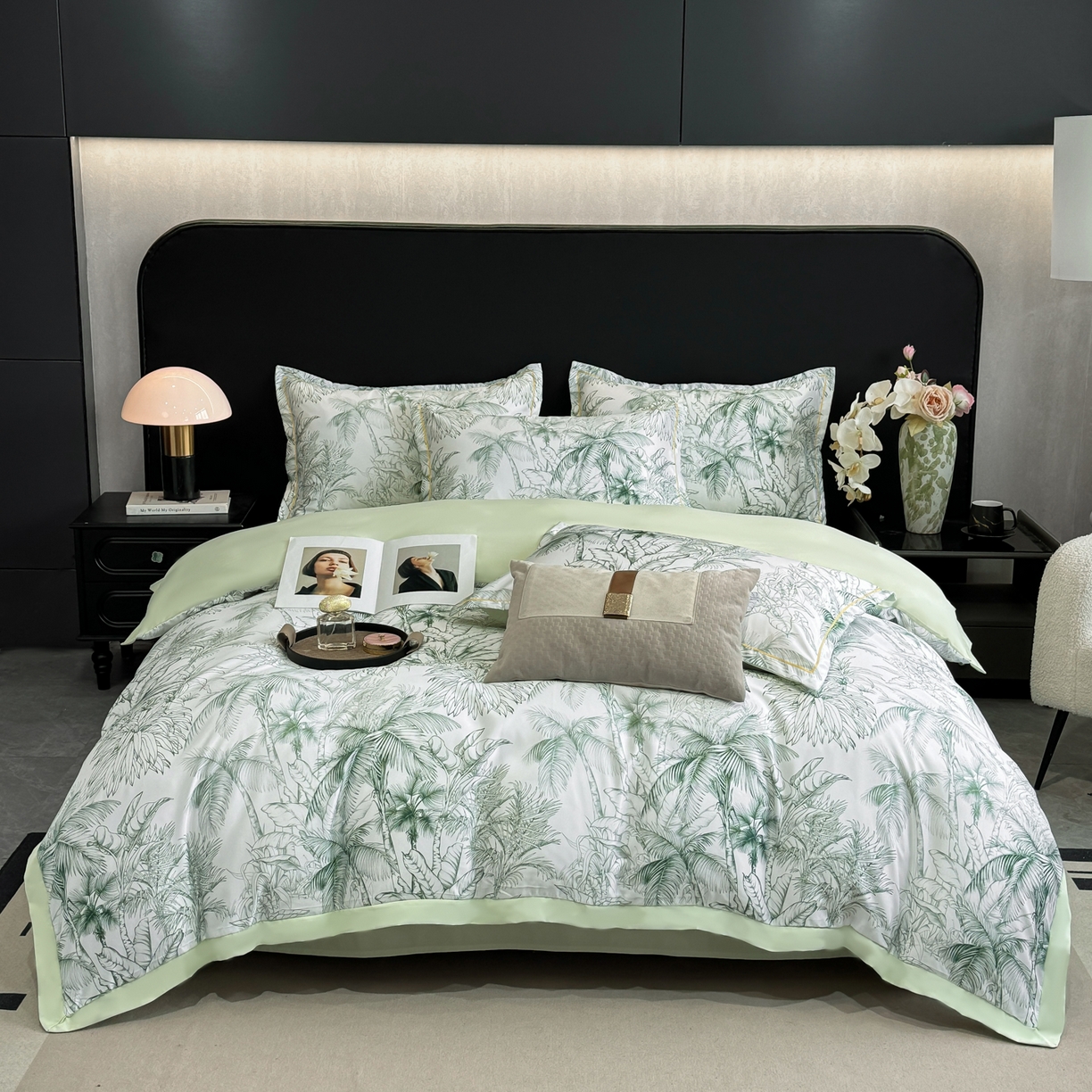 91家纺网 家纺一手货源 找家纺 花伞家居 2026新款花水洗真丝四件套含买家秀 夏叶成帷-绿