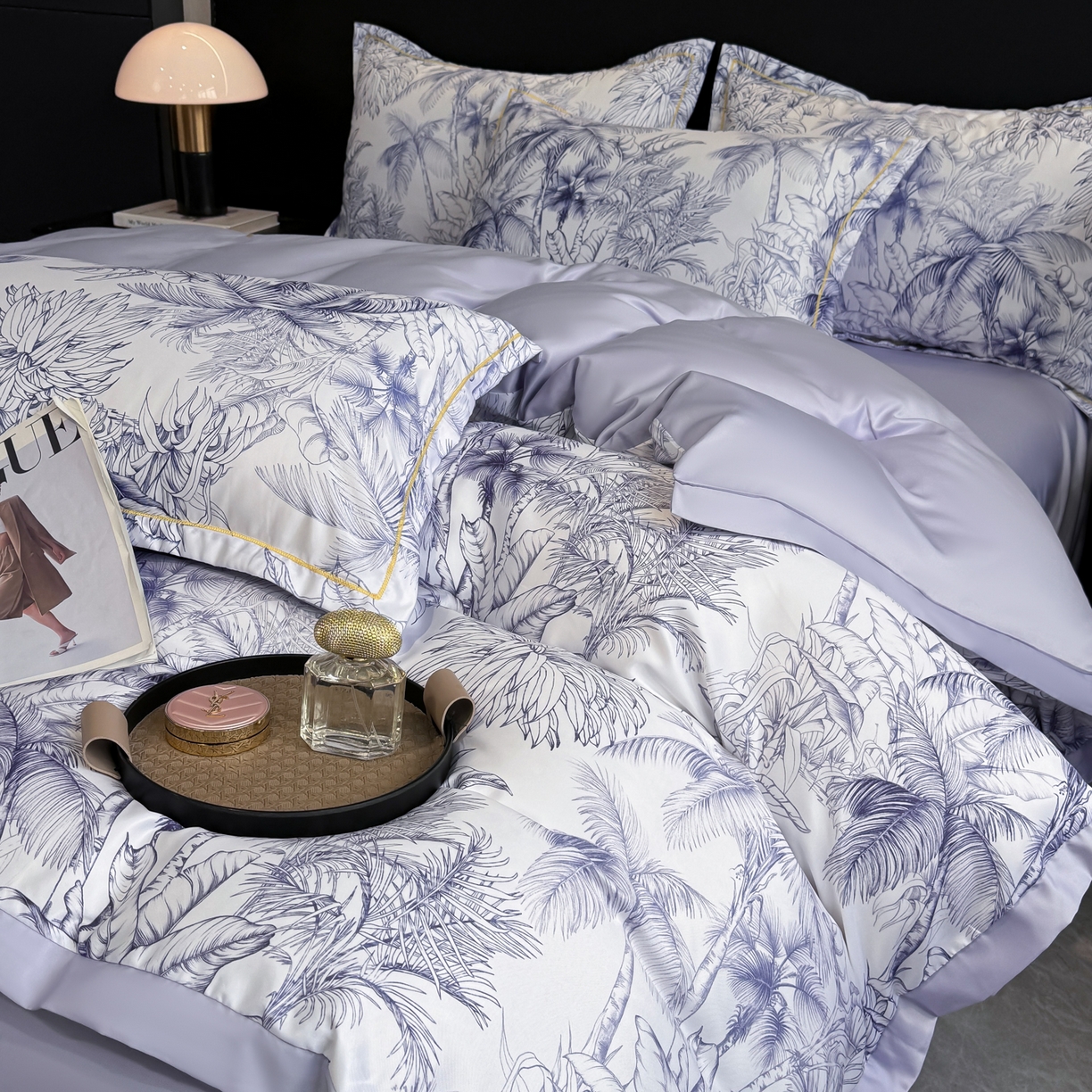 91家纺网 家纺一手货源 找家纺 花伞家居 2026新款花水洗真丝四件套含买家秀 夏叶成帷-紫