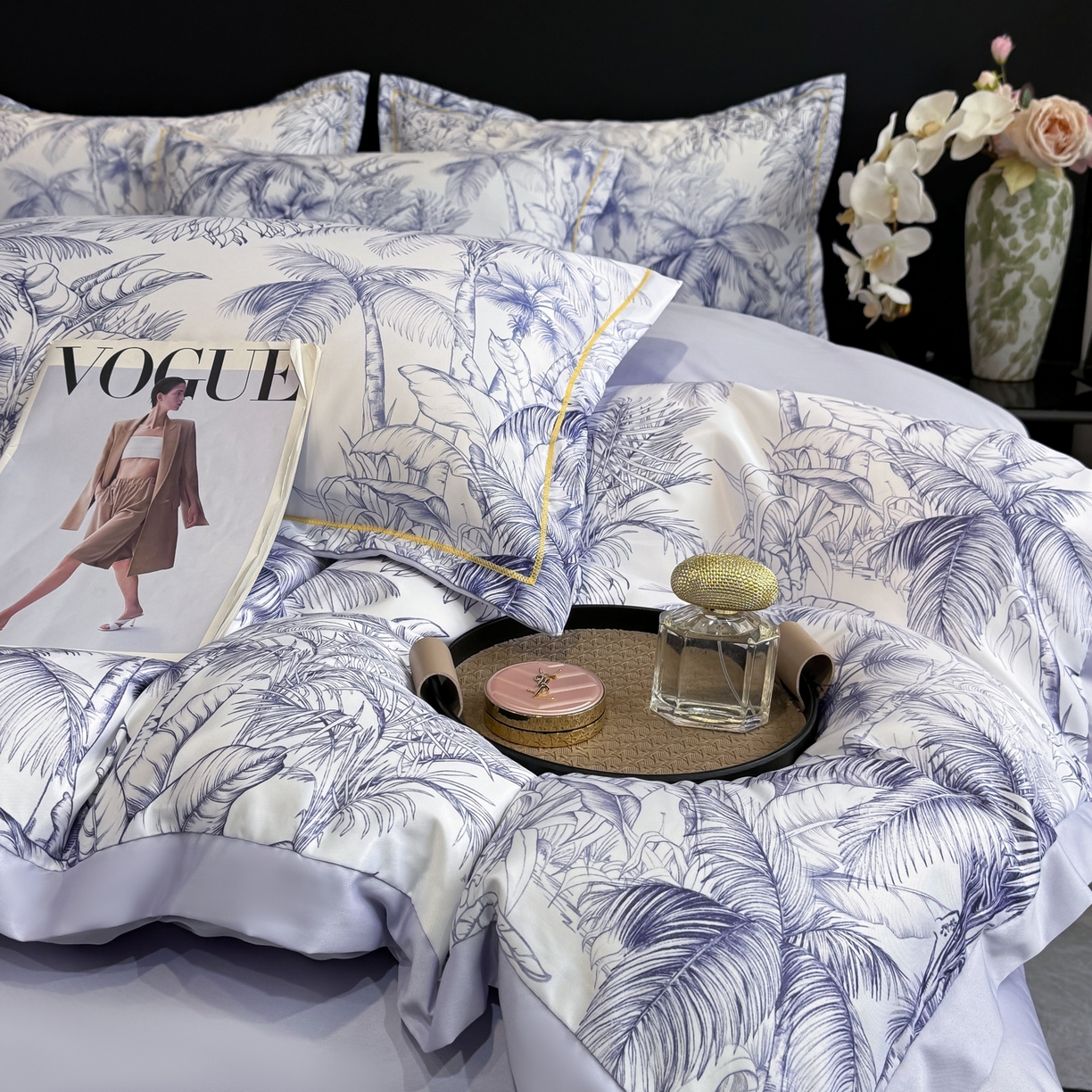 91家纺网 家纺一手货源 找家纺 花伞家居 2026新款花水洗真丝四件套含买家秀 夏叶成帷-紫