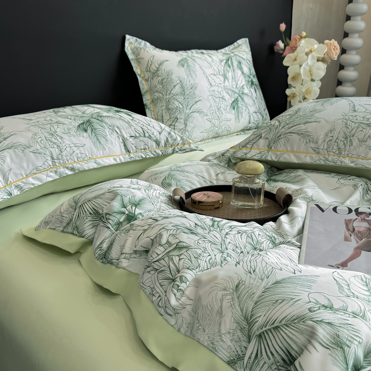 91家纺网 家纺一手货源 找家纺 花伞家居 2026新款花水洗真丝四件套含买家秀 夏叶成帷-绿