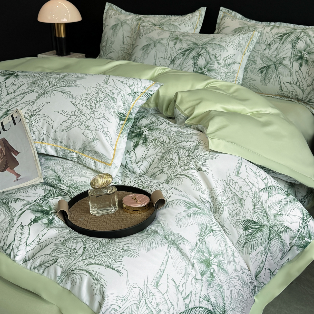 91家纺网 家纺一手货源 找家纺 花伞家居 2026新款花水洗真丝四件套含买家秀 夏叶成帷-绿