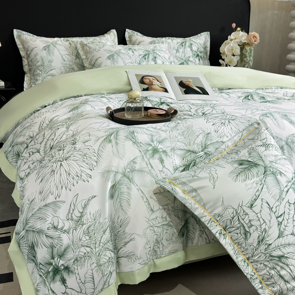 91家纺网 家纺一手货源 找家纺 花伞家居 2026新款花水洗真丝四件套含买家秀 夏叶成帷-绿