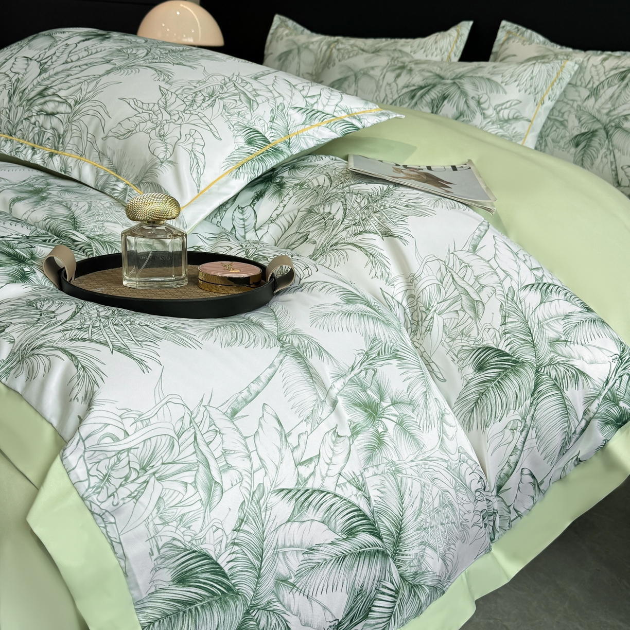 91家纺网 家纺一手货源 找家纺 花伞家居 2026新款花水洗真丝四件套含买家秀 夏叶成帷-绿