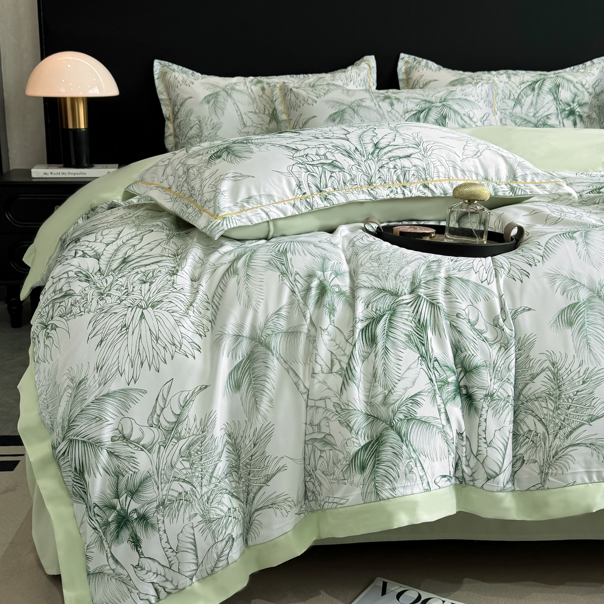 91家纺网 家纺一手货源 找家纺 花伞家居 2026新款花水洗真丝四件套含买家秀 夏叶成帷-绿