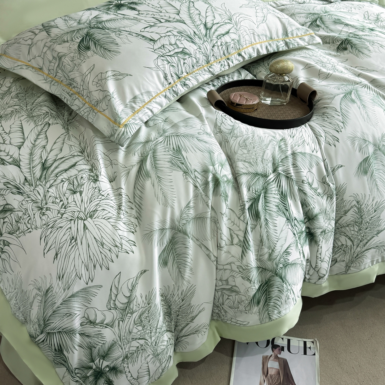 91家纺网 家纺一手货源 找家纺 花伞家居 2026新款花水洗真丝四件套含买家秀 夏叶成帷-绿