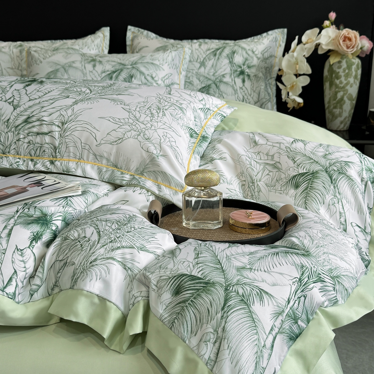 91家纺网 家纺一手货源 找家纺 花伞家居 2026新款花水洗真丝四件套含买家秀 夏叶成帷-绿