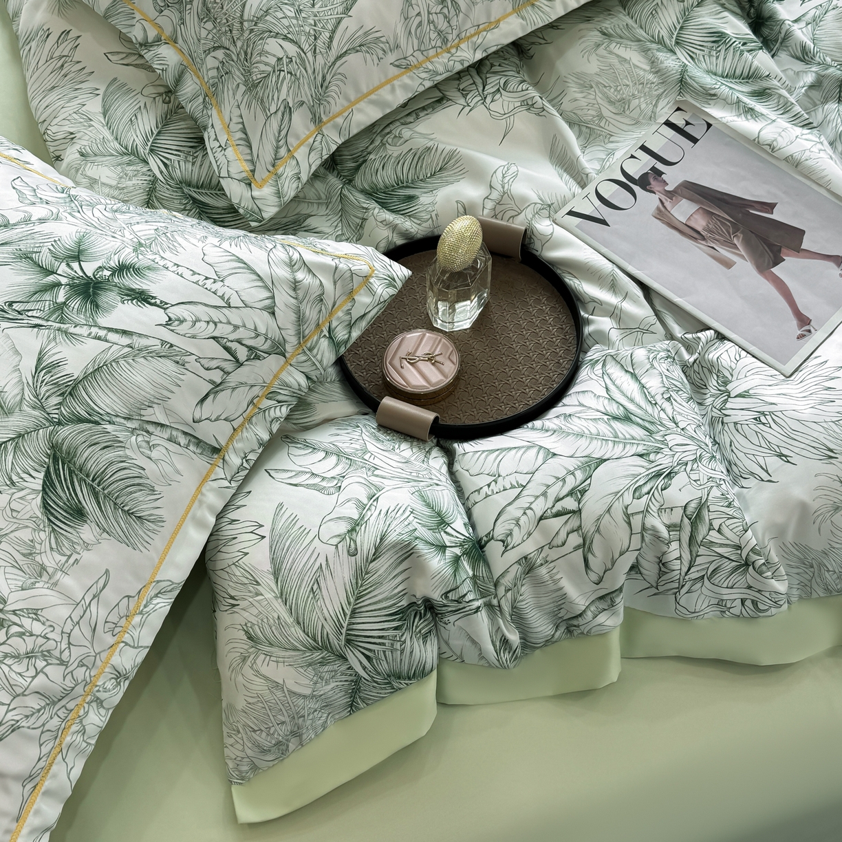 91家纺网 家纺一手货源 找家纺 花伞家居 2026新款花水洗真丝四件套含买家秀 夏叶成帷-绿