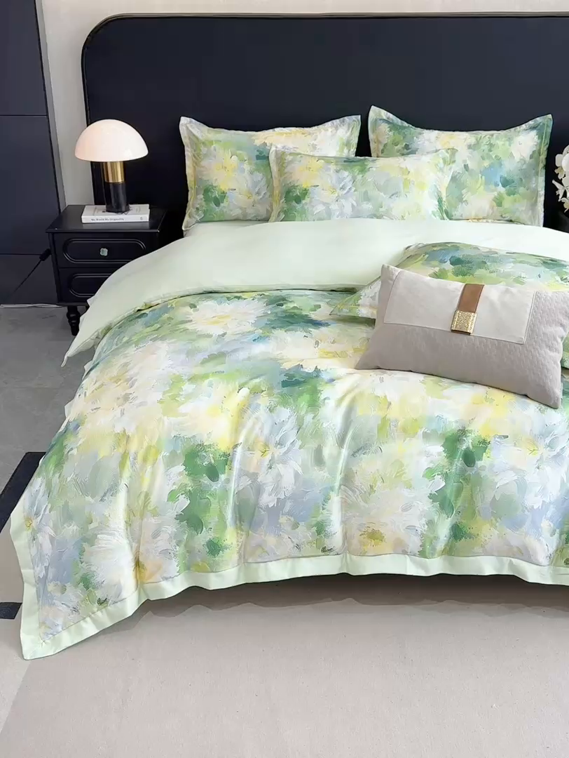 91家纺网 家纺一手货源 找家纺 花伞家居 2026新款花水洗真丝四件套含买家秀 绿色烟花