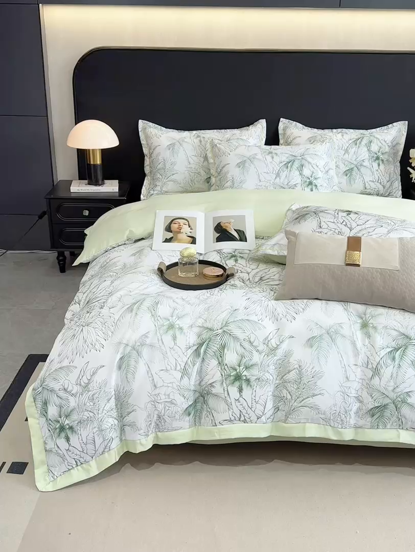 91家纺网 家纺一手货源 找家纺 花伞家居 2026新款花水洗真丝四件套含买家秀 夏叶成帷-绿