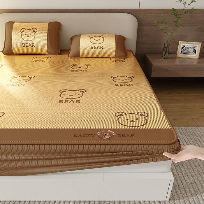 南北家居 2026新款冰藤刺绣凉感席凉席-卡皮巴拉款-小熊款 冰藤小熊-咖-床笠款