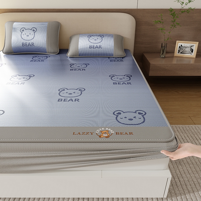 南北家居 2026新款冰藤刺绣凉感席凉席-卡皮巴拉款-小熊款 冰藤小熊-蓝-床笠款