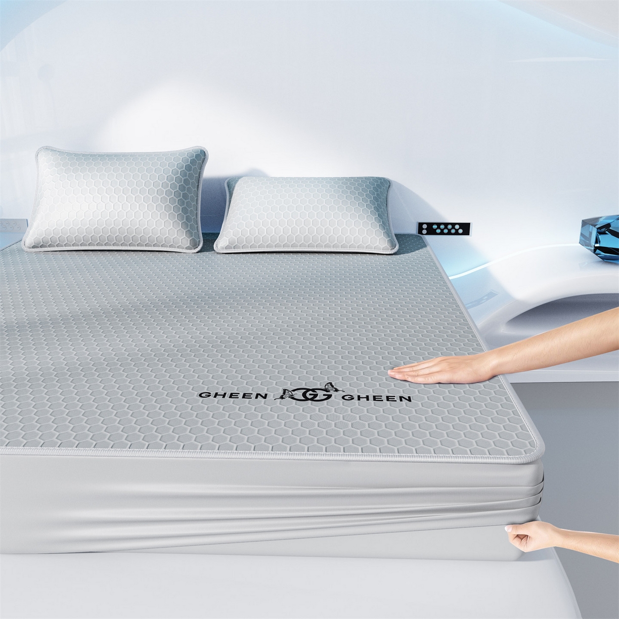 91家纺网 家纺一手货源 找家纺 南北家居 2026新款蜂窝科技凉感席-床笠款 蜂窝款-浅灰床笠款