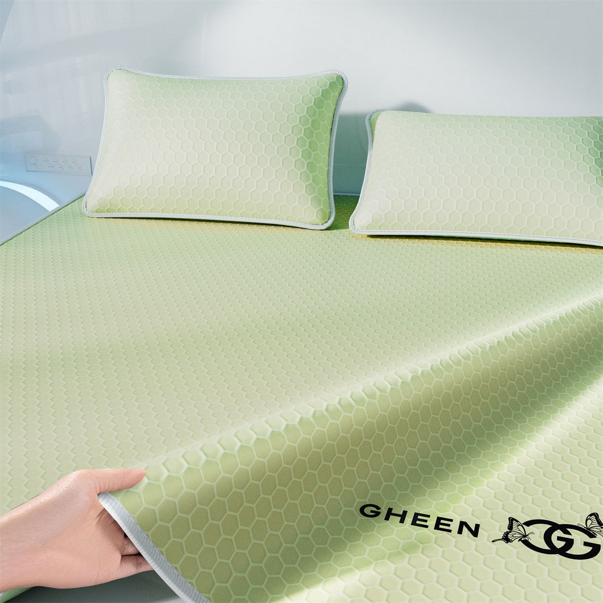 91家纺网 家纺一手货源 找家纺 南北家居 2026新款蜂窝科技凉感席-床笠款 蜂窝款-绿色床笠款