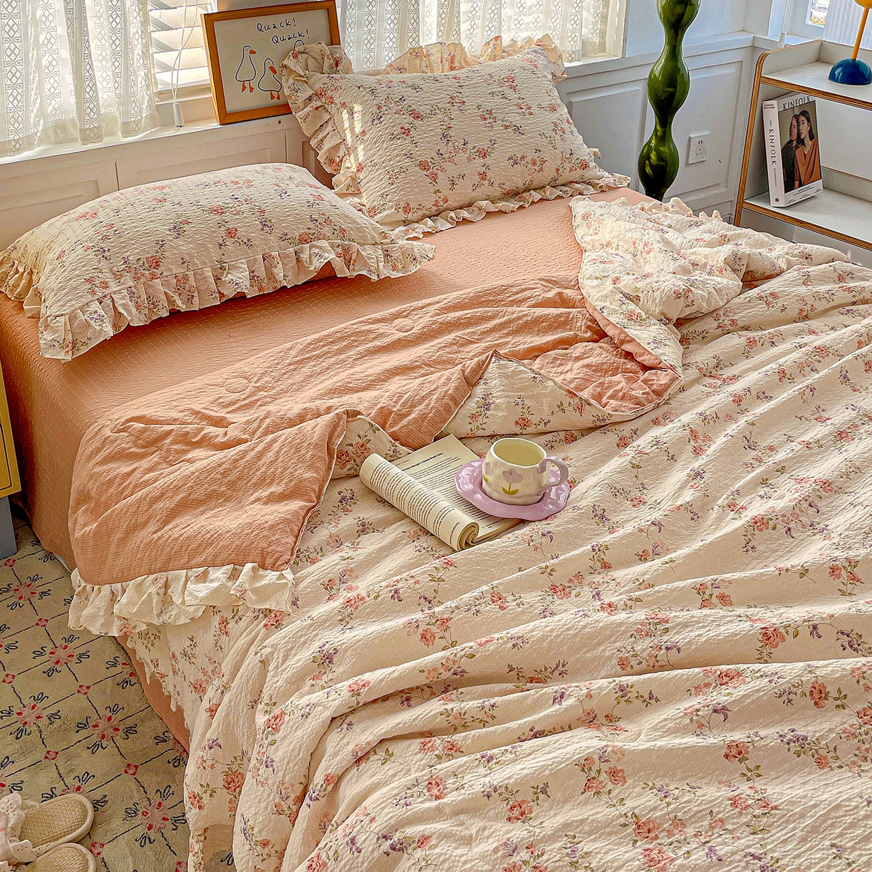 91家纺网 家纺一手货源 找家纺 南北家居 2026新款泡芙棉花边夏被四件套 XB春色