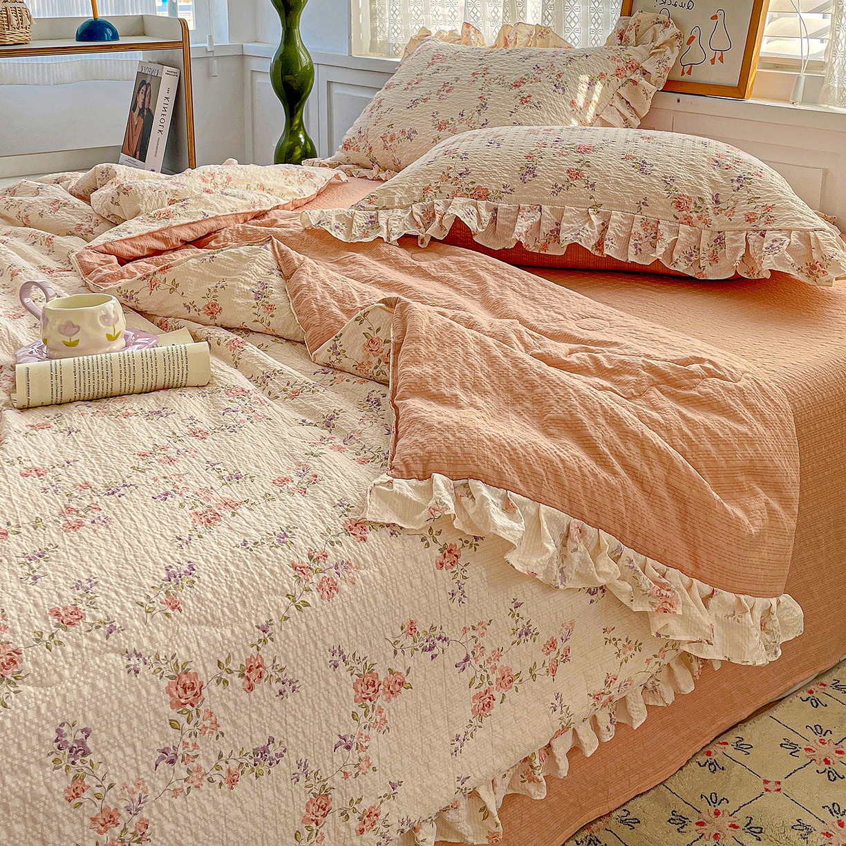 91家纺网 家纺一手货源 找家纺 南北家居 2026新款泡芙棉花边夏被四件套 XB春色