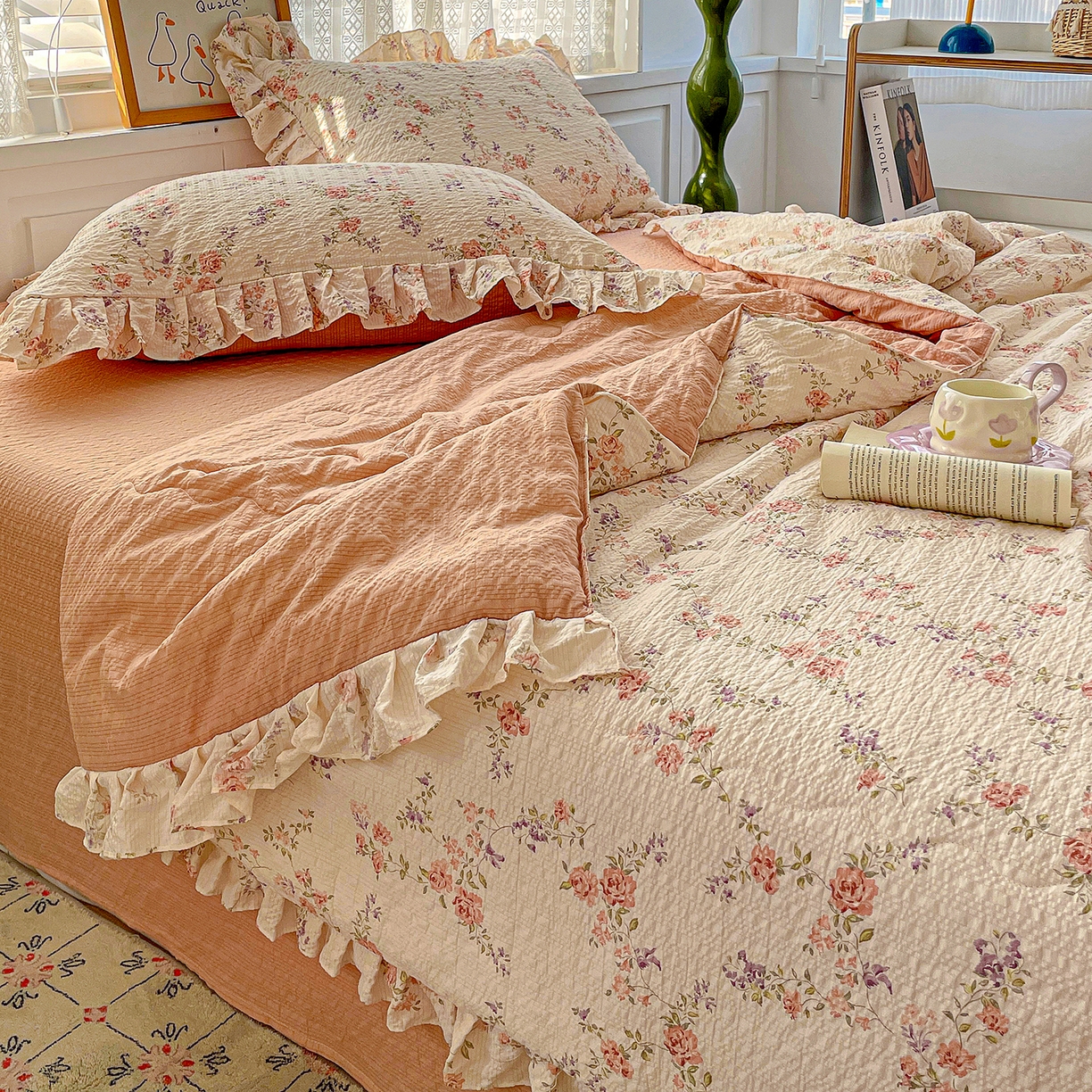 91家纺网 家纺一手货源 找家纺 南北家居 2026新款泡芙棉花边夏被四件套 XB春色