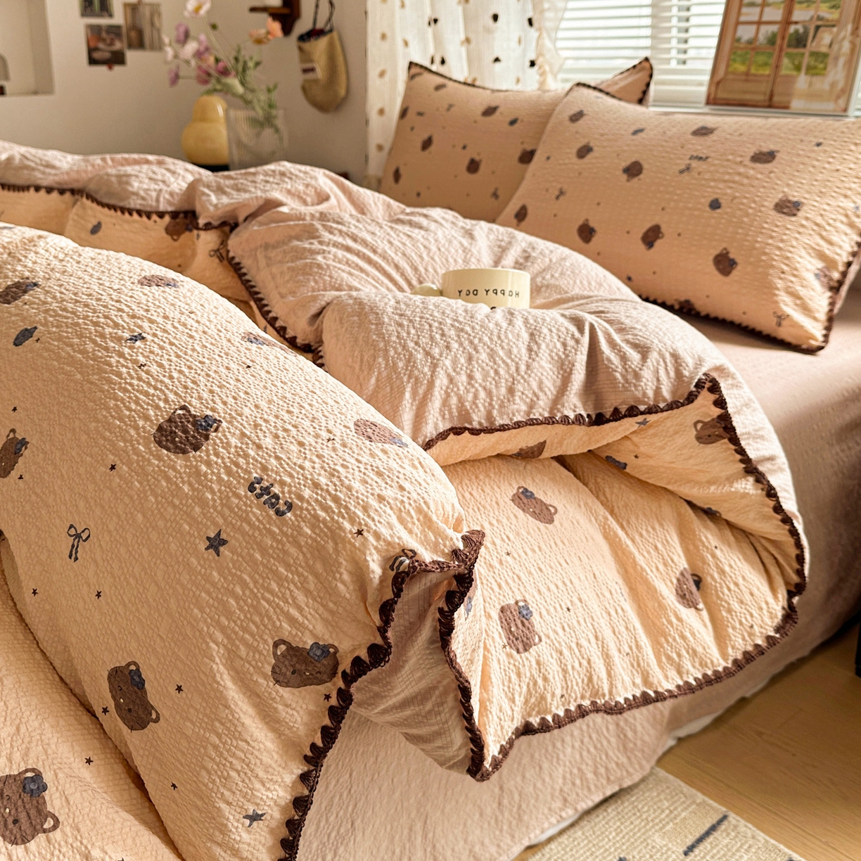 91家纺网 家纺一手货源 找家纺 南北家居 2026新款泡芙被壳针四件套 曲奇猫