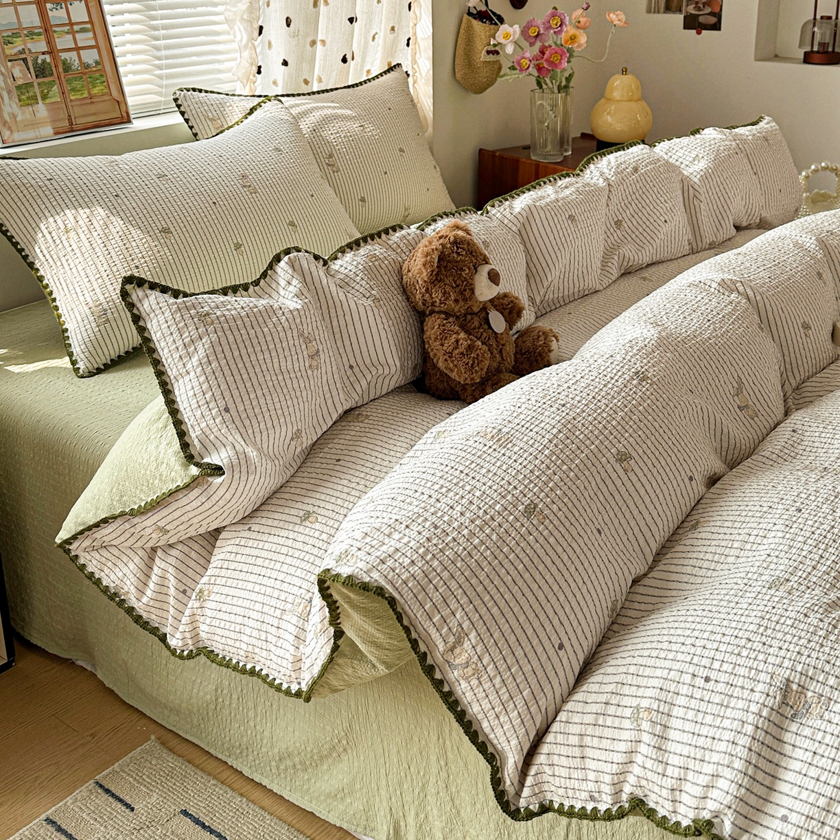 91家纺网 家纺一手货源 找家纺 南北家居 2026新款泡芙被壳针四件套 蘑菇兔