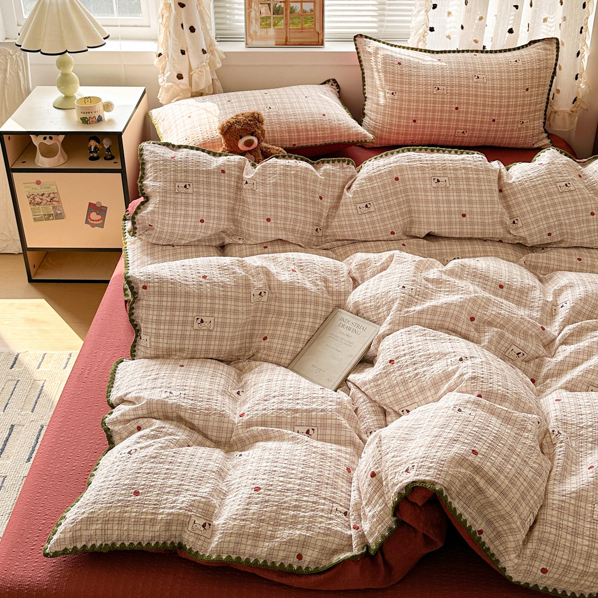 91家纺网 家纺一手货源 找家纺 南北家居 2026新款泡芙被壳针四件套 苹果狗