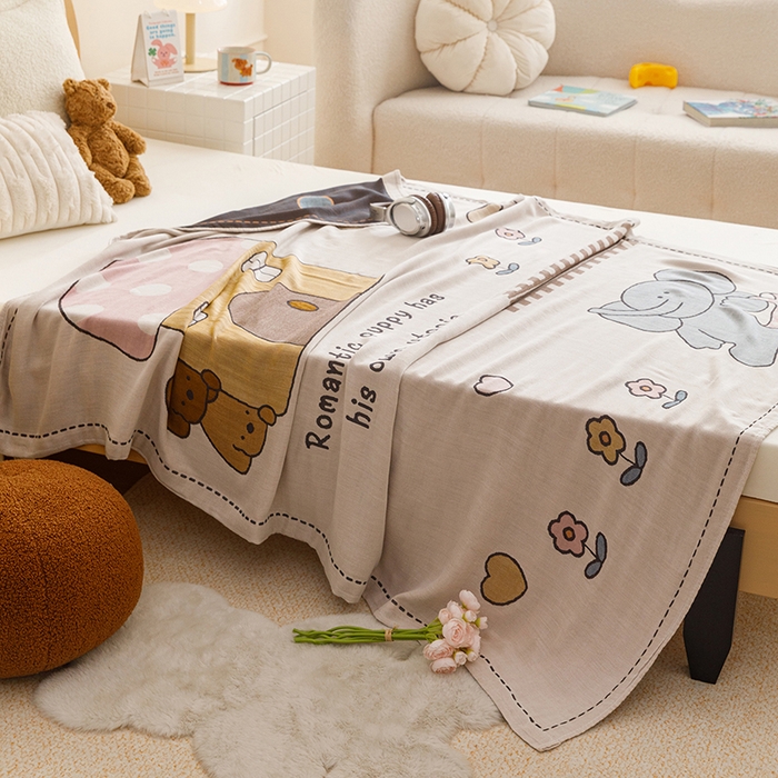 91家纺网 家纺一手货源 找家纺 悦然毛巾被 2026春夏新款三层竹纤维冷感毯休闲儿童毯成人毛巾被 小象日记