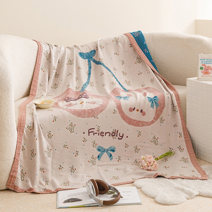 91家纺网 家纺一手货源 找家纺 悦然毛巾被 2026春夏新款三层竹纤维冷感毯休闲儿童毯成人毛巾被 花下萌猫