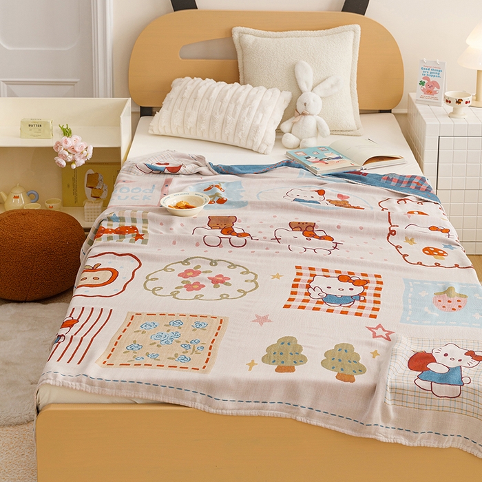 91家纺网 家纺一手货源 找家纺 悦然毛巾被 2026春夏新款三层竹纤维冷感毯休闲儿童毯成人毛巾被 森林小伙伴