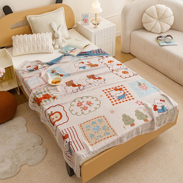 91家纺网 家纺一手货源 找家纺 悦然毛巾被 2026春夏新款三层竹纤维冷感毯休闲儿童毯成人毛巾被 森林小伙伴