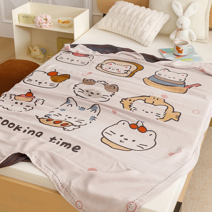 91家纺网 家纺一手货源 找家纺 悦然毛巾被 2026春夏新款三层竹纤维冷感毯休闲儿童毯成人毛巾被 甜心猫团