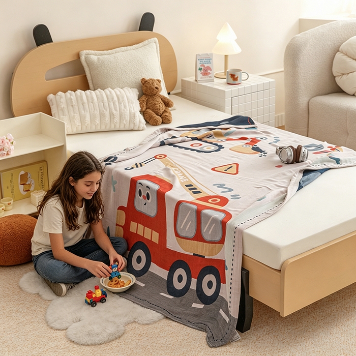 91家纺网 家纺一手货源 找家纺 悦然毛巾被 2026春夏新款三层竹纤维冷感毯休闲儿童毯成人毛巾被 阳光车长