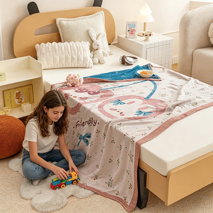 91家纺网 家纺一手货源 找家纺 悦然毛巾被 2026春夏新款三层竹纤维冷感毯休闲儿童毯成人毛巾被 花下萌猫