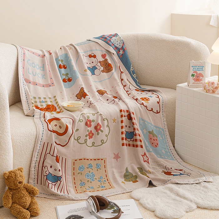 91家纺网 家纺一手货源 找家纺 悦然毛巾被 2026春夏新款三层竹纤维冷感毯休闲儿童毯成人毛巾被 森林小伙伴