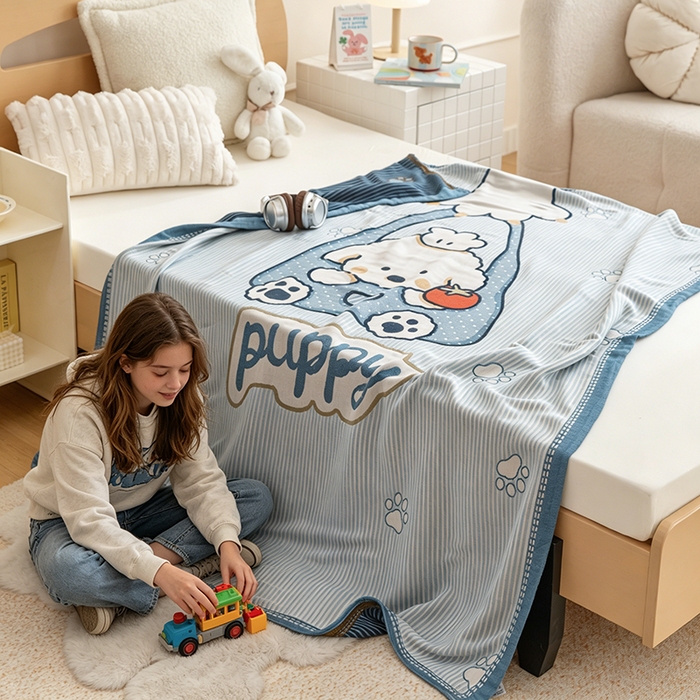 91家纺网 家纺一手货源 找家纺 悦然毛巾被 2026春夏新款三层竹纤维冷感毯休闲儿童毯成人毛巾被 汪汪小星